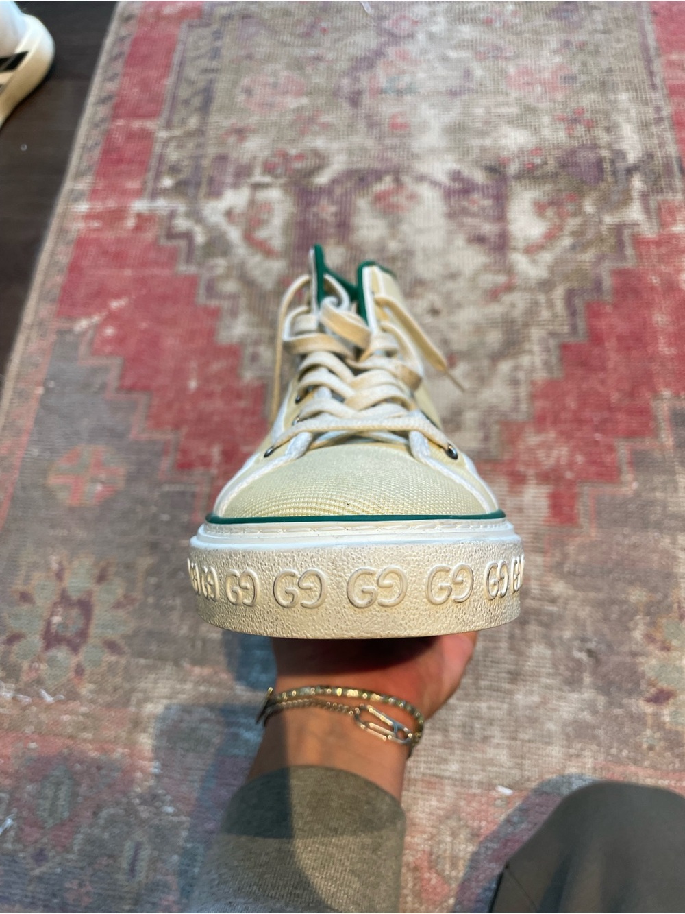 Gucci Cream High-Top Sneakers with Green & Red Web Stripe - Picture 3 of 5